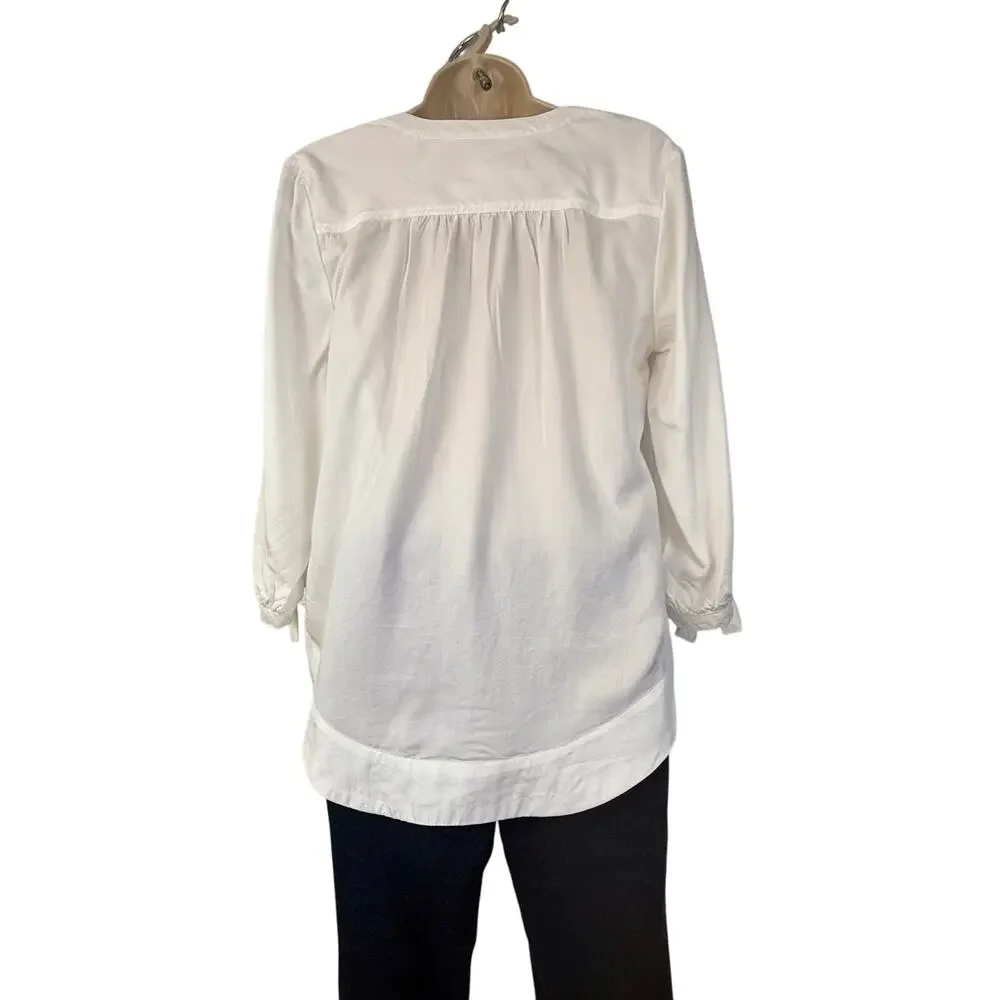 Crown & Ivy White Long Sleeve Pop Over Top Button V Neck Loose Flattering Fit - Picture 2 of 16